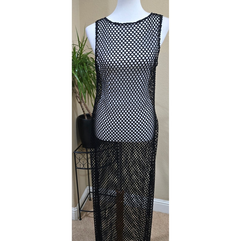 Fishnet Mesh Maxi Dress Women Medium Black Goth Rave Swim Cover Up Boho Layering